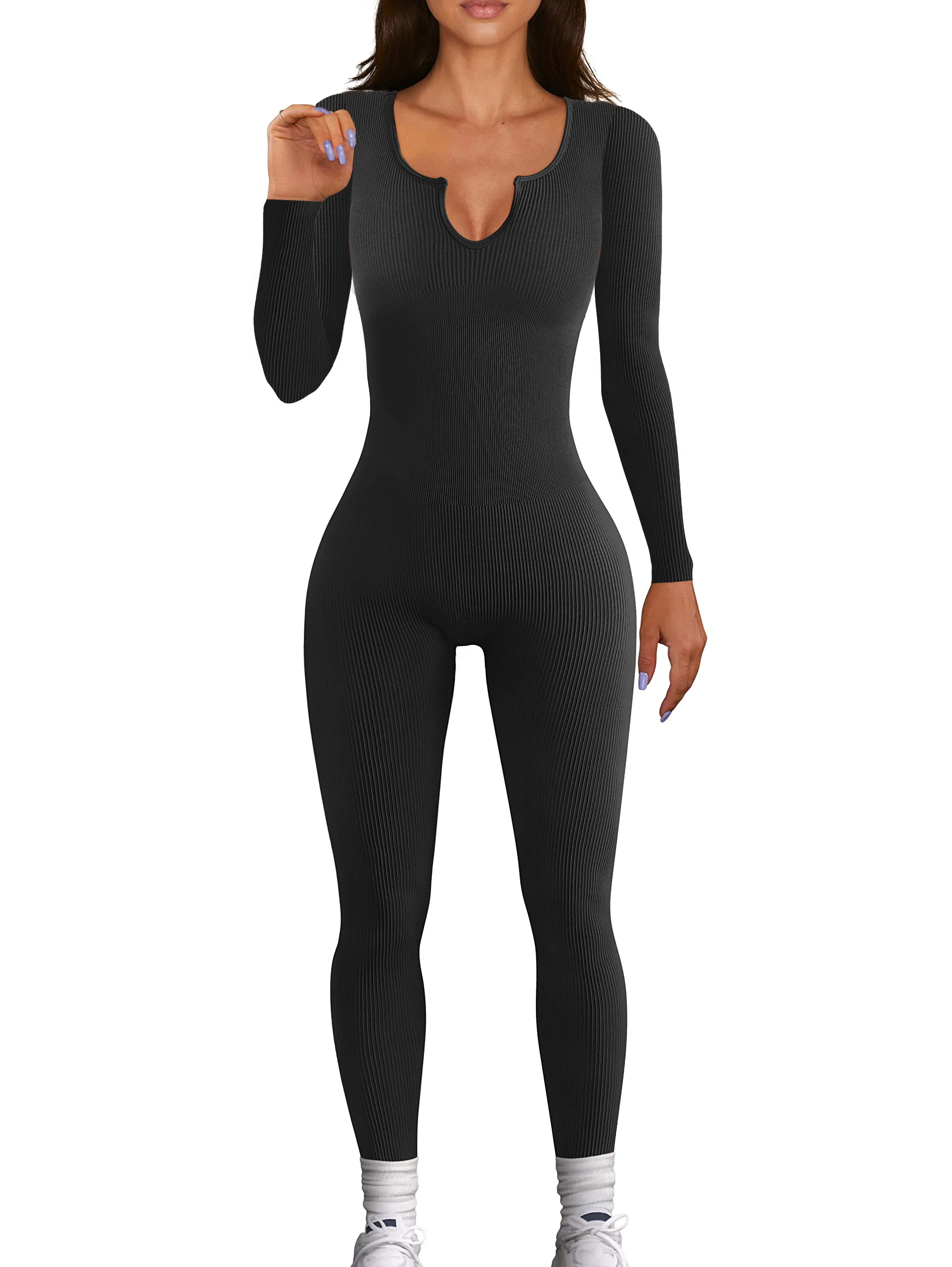 

Gaono Women Ribbed Knit Yoga Jumpsuits Long Sleeve Square Neck Bodycon Romper Casual Black Solid Slim Stretch Workout Playsuit