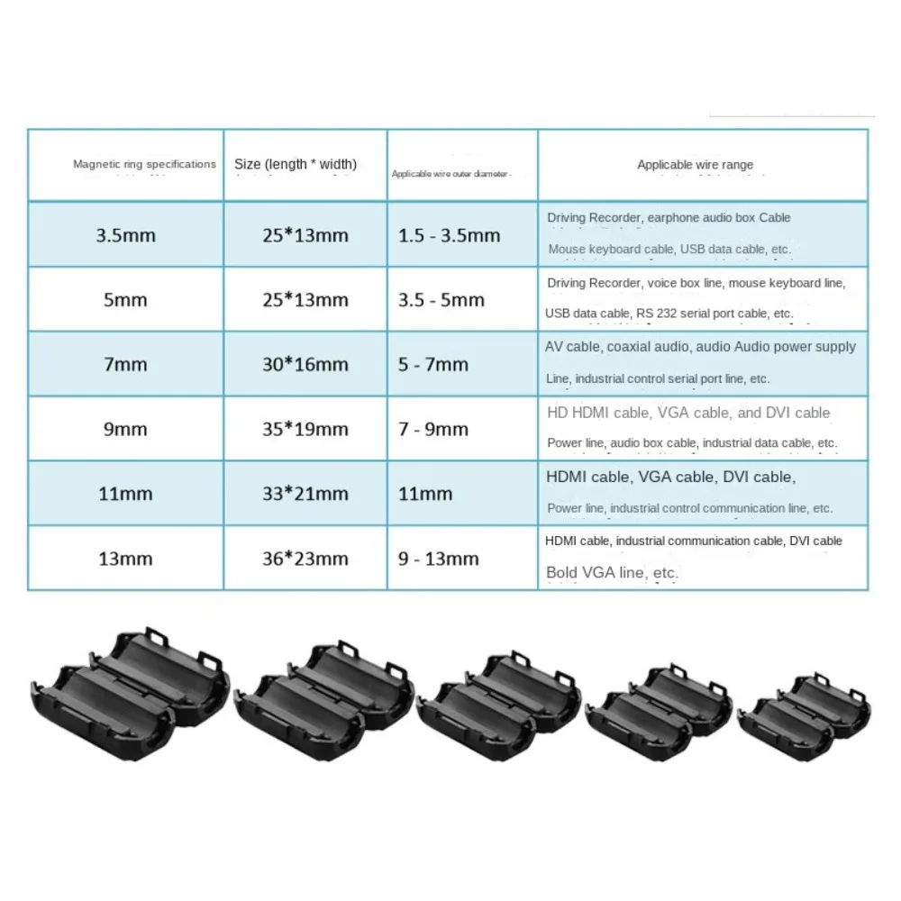 1PC 3.5/5/7/9/13mm Cable Connector Snap Type Ring Core Ferrite Bead Clamp Anti-interference Filter Clip Snap Filters Holder