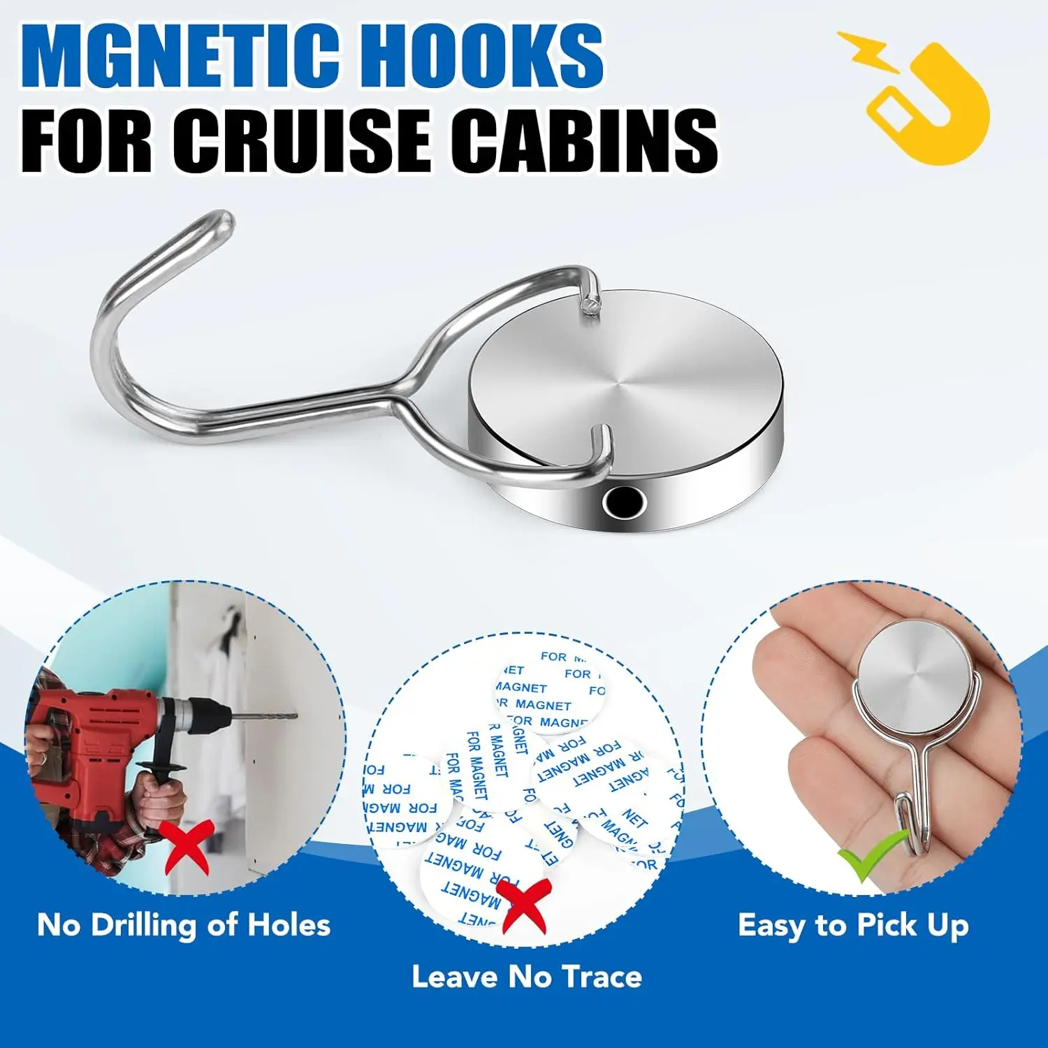 Magnetic Hooks For Cruise Cabins, 60Lbs Swivel Cruise Magnetic Hooks, Necessities, 6 Pack Magnets, Hook