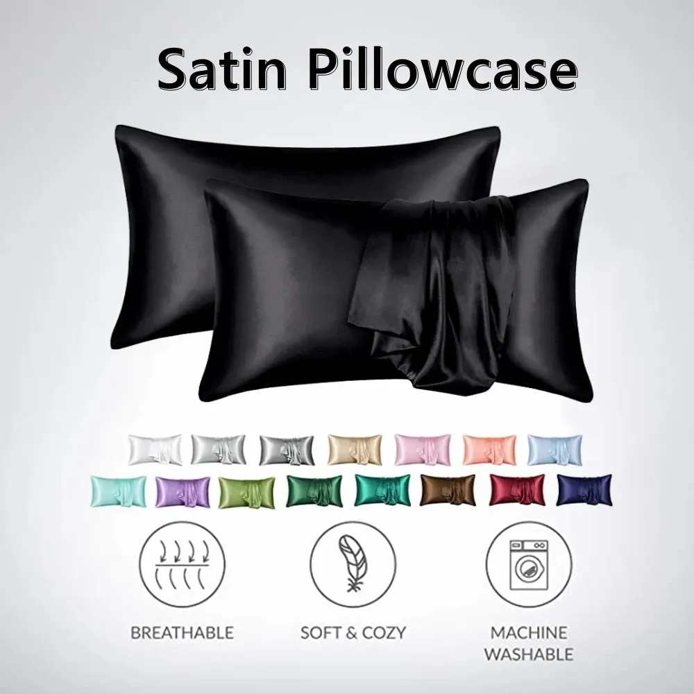 2pcs/lot Solid Silky Satin Skin Care Pillowcases Hair Anti Pillow Case Queen Size Envelope Pillow Covers for Home Hotel Travel 2