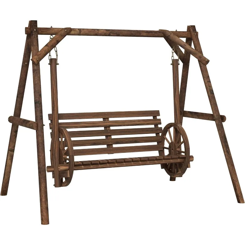 

2-Seat Porch Swing with A-Frame Stand, Wooden Log Patio Swing Chair Bench with Wagon Shaped Armrests for Garden, Poolside