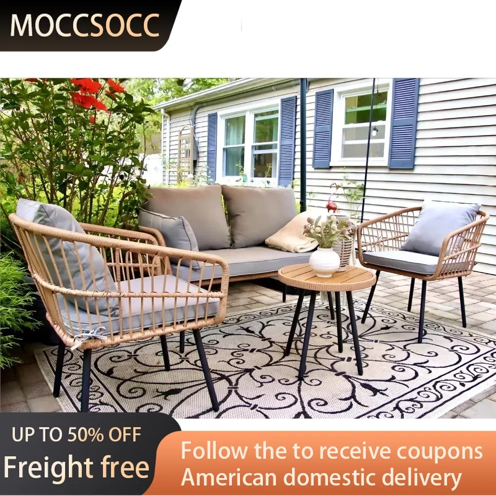 

4 Pieces Patio Furniture Set Complete Outdoor Garden Lounge Wicker Balcony Bistro Set Raised Garden Bed Dinning Tables Sets Sofa