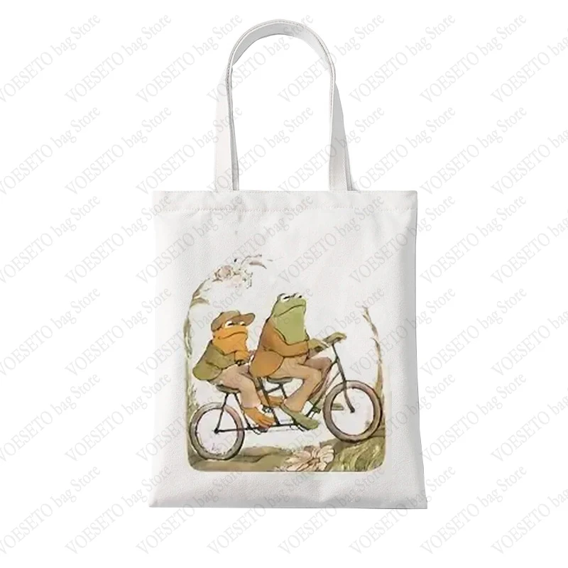 

Cartoon Frog Print Canvas Bag Lightweight Shoulder Bag Traveling Frog Shopping Bags 2024 Women Trend Handbag