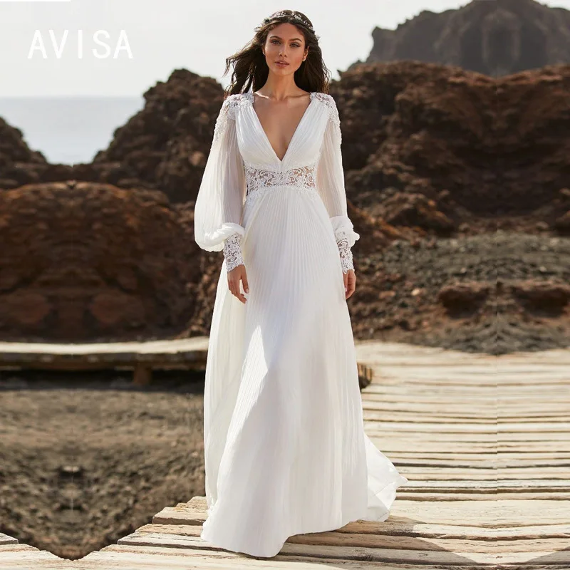 

Elegant A Line Wedding Dresses 2024 Chiffon Long Sleeve Bridal Gown Deep V-Neck Applique Boho Bride Dress vestidos de novia