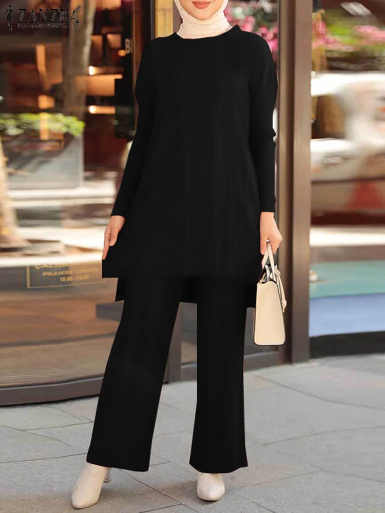 ZANZEA Women Muslim Suit Abaya Kaftan 2PCS Long Sleeve Split Hem Blouse Wide Leg Pants Sets Solid Elegant Outfit Tracksuits