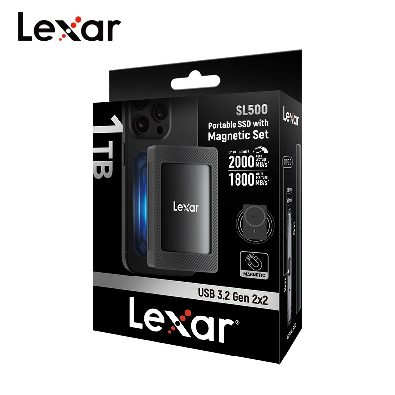 2000MB/s 속도의 Lexar SL500 PSSD 마그네틱 슈트, 간편하게 고정 가능한 USB3.2 Gen2X2 Type-C to Type-C 케이블, PS5/태블릿/노트북/Xbox용 4K 지원