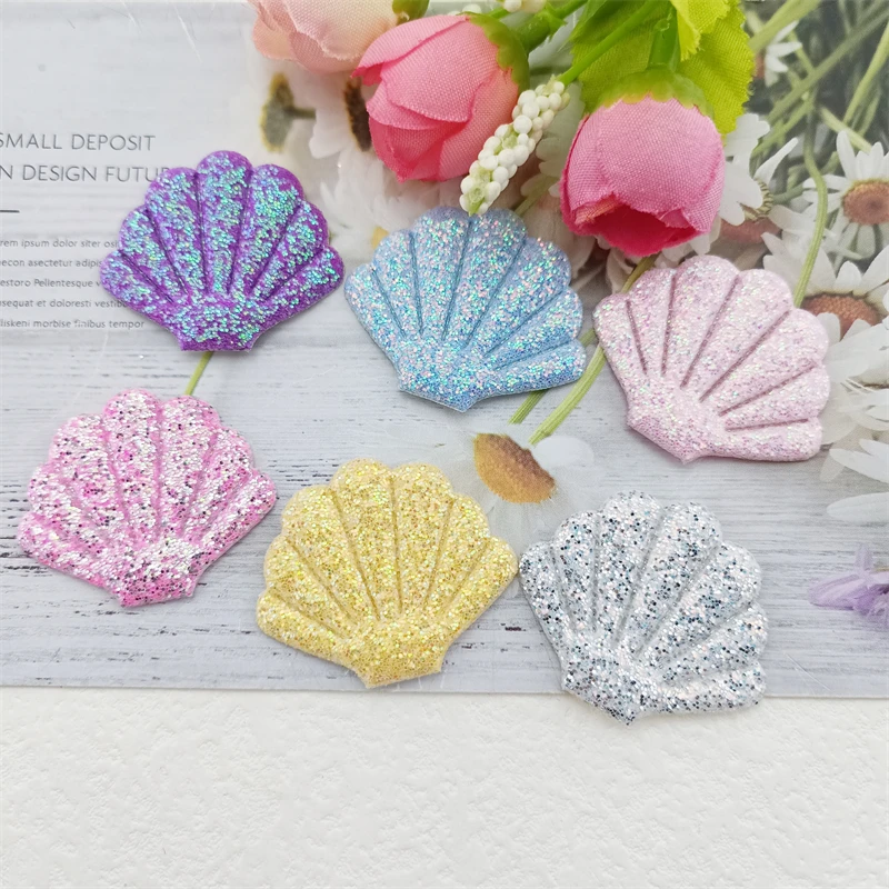 60Pcs 3.5*3CM Shiny Glitter Shell Padded Cloth Fabric Patches for Clothes  Hats Hairpin Ornament Accessories DIY Craft