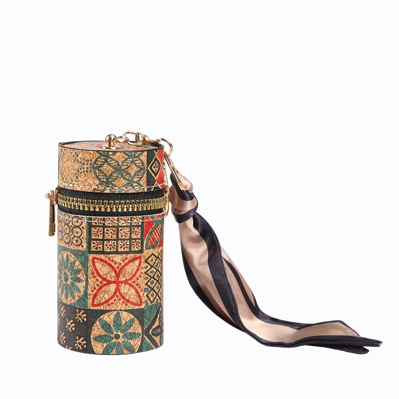 Leather wood grain mouth red envelope retro round bucket bag cute student portable multifunctional keychain for women