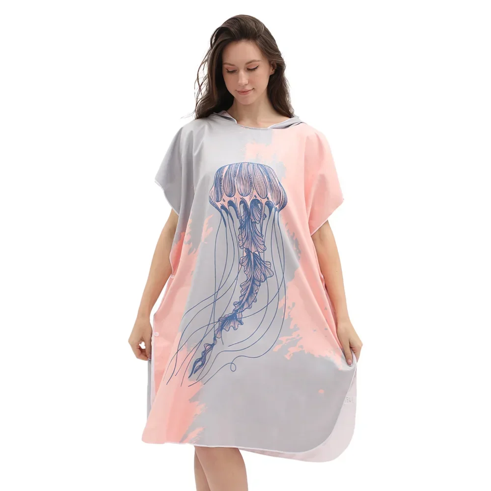 80*100cm Quick Dry Printed Cloak Microfiber Suede Wearable Adult Surf Changing Robe Poncho Hooded Beach Towel for Women