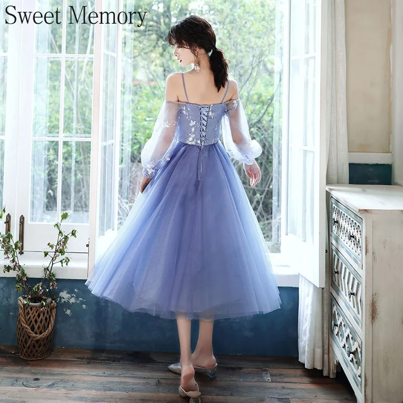 Bridesmaid Dresses A98118 Grey Blue Halter Girl Appliques Illusion Sleeves Lace Up Formal Wedding Party Prom Dresses