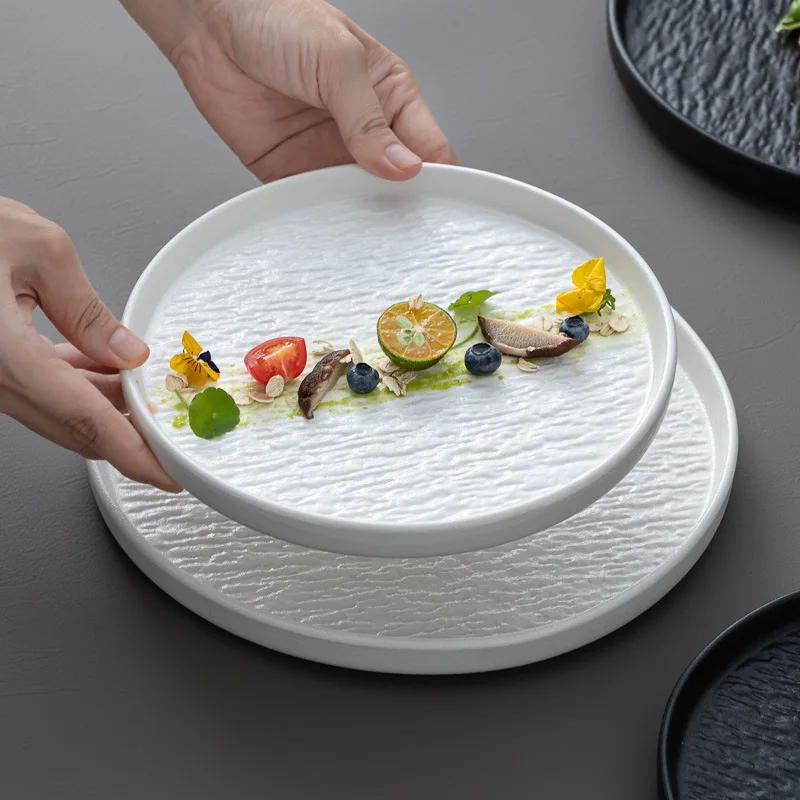 White/Black Ceramic Dishes Stone Rexture Porcelain Serving Plate Round Western Steak Tray Snack Cake Dessert Deep Dinner Plate