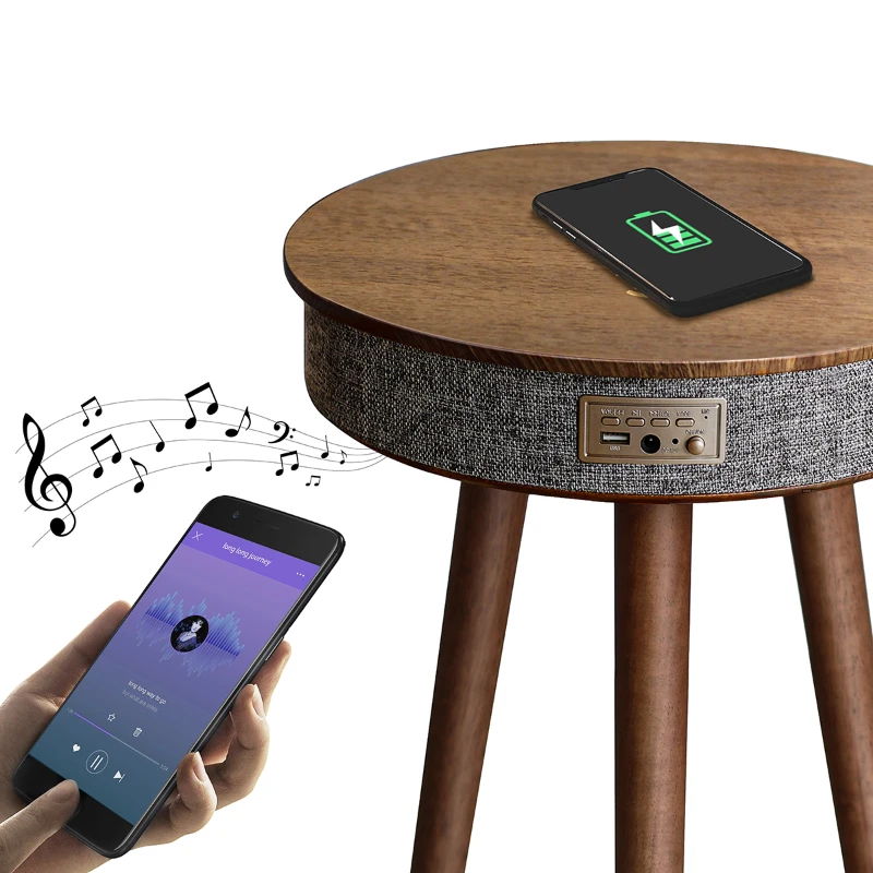 

living room round wood smart furniture side table speaker coffee table with speaker and wireless charger
