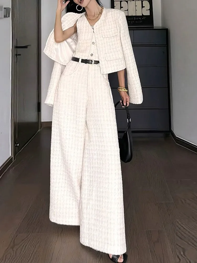 BJTZ Casual Two Piece Set For Women Clothing Round Neck Coat V Neck Sleeveless High Waist Jumpsuit Chic Sets Female Fashion New