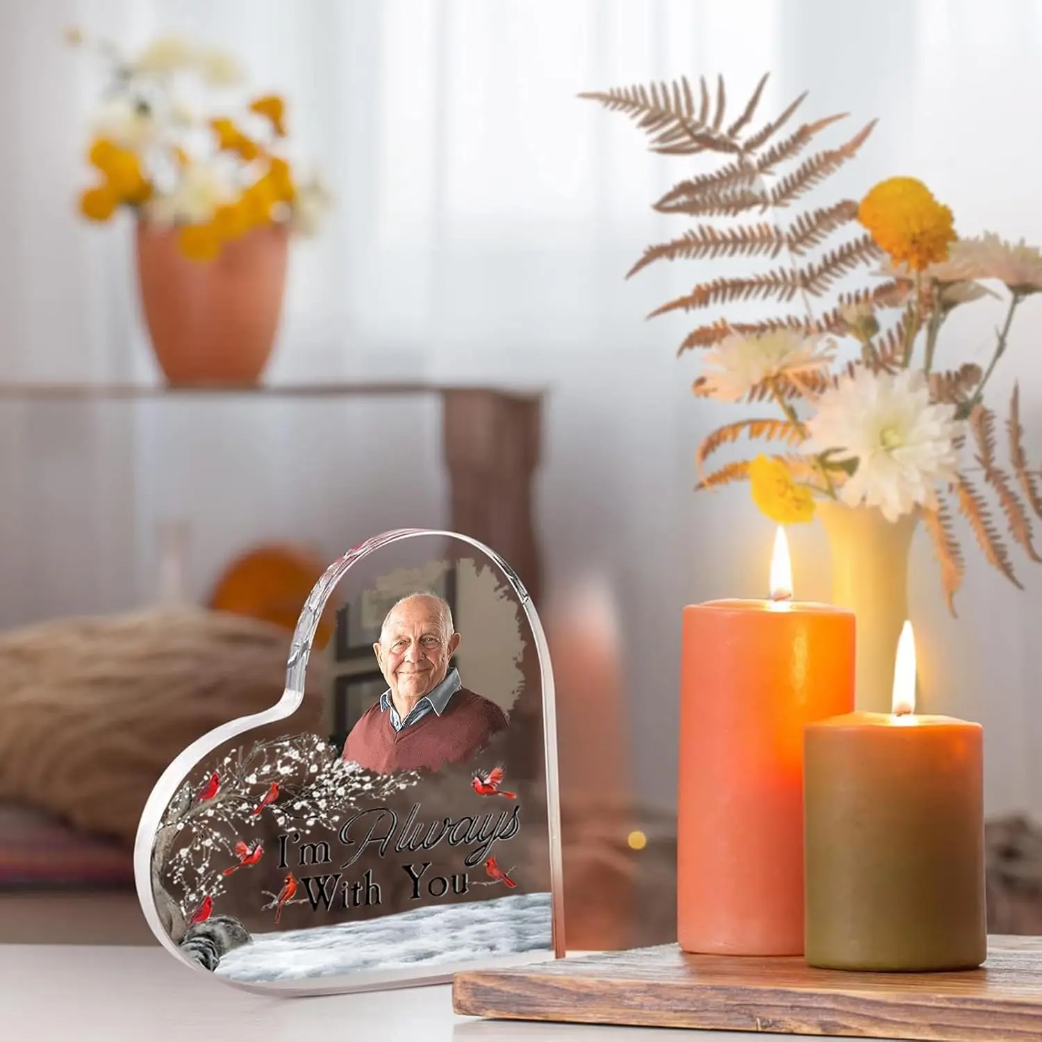 New Pet Relative Memorial Photo Plaque Personalised Sympathy Gift Acrylic Heart Shaped Condolence Plaque Memorial Decoration