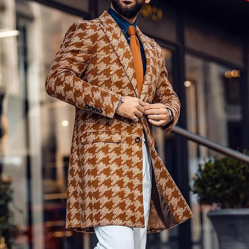 Men Retro Plaid Casual Suit Coat Lapel Double Breasted Loose Comfortable Mid Length Casual Fashion Slim Versatile Wind Coat