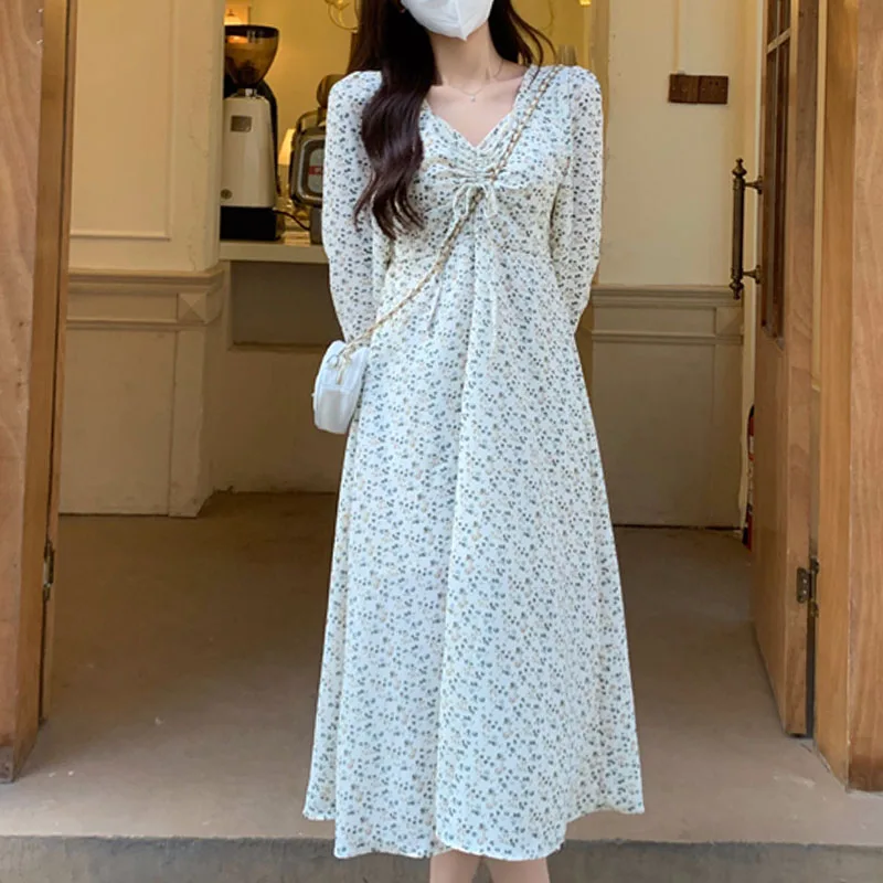 

Vestidos De Mujer Long Sleeve Dress for Women Drawstring Lace Up Floral Dresses Elegantes Femme Clothing Sweet Chiffon V-Neck