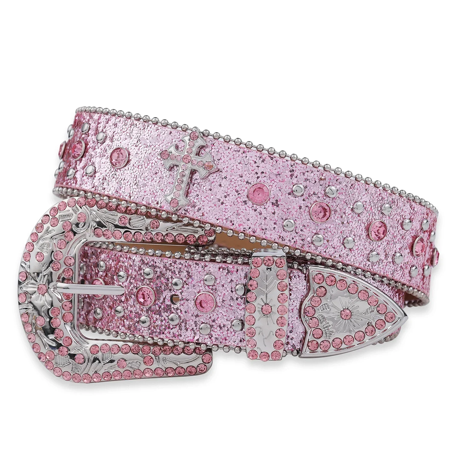 

2024 New Pink Cross-rivet Rhinestone Belt Sparkles, Punk Rock Inlaid Leather Belt for Men's Jeans