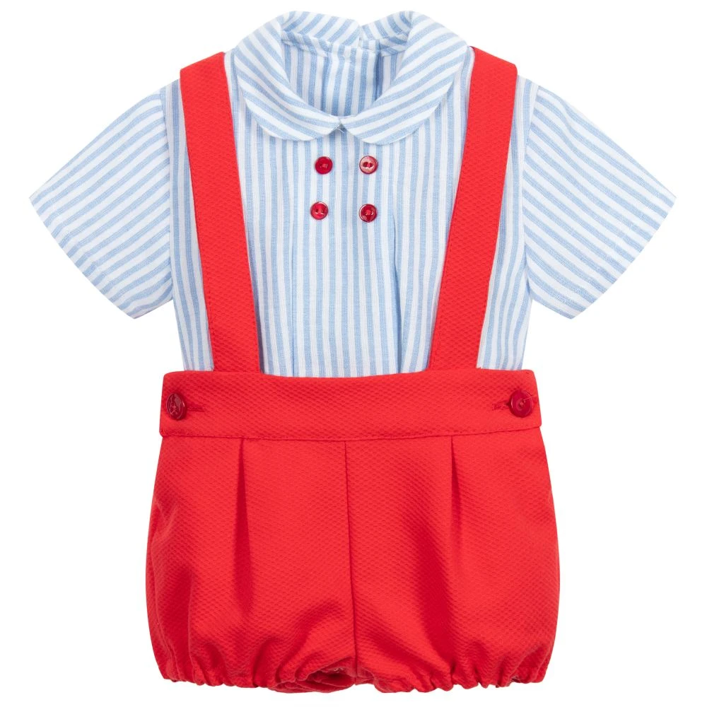 Boy Striped Clothes Blue Shirt + Red Shorts with Suspenders Kids