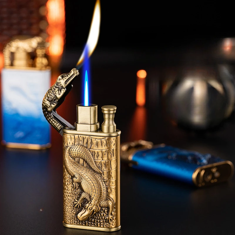 

New Double Fire Lighter Flame Form Conversion Inflatable Lighter Metal Three Dimensional Embossed Crocodile Lighter Gadgets