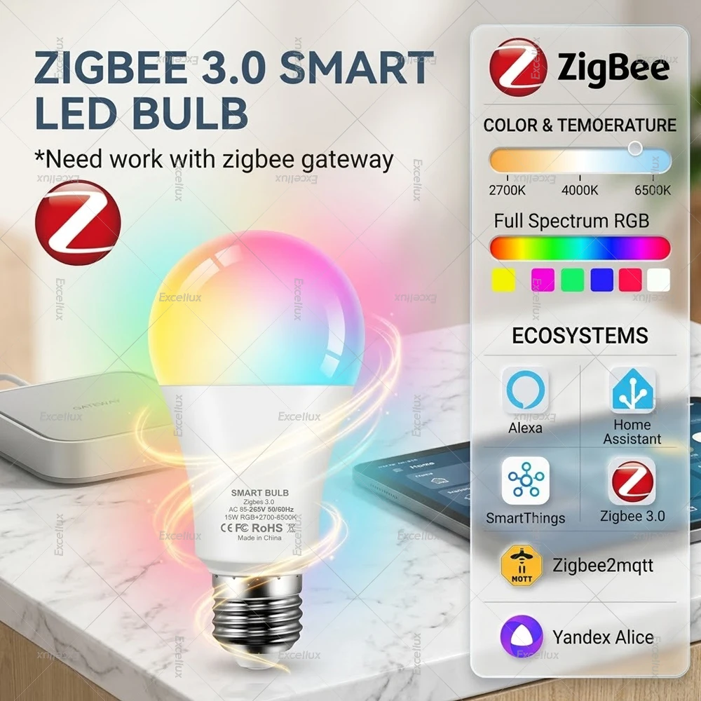 Lampadina LED Intelligente Zigbee 3.0 E27 RGB+CCT Dimmerabile per Z2M Home Assistant Yandex Alice Supporta Alexa Echo Richiede Gateway