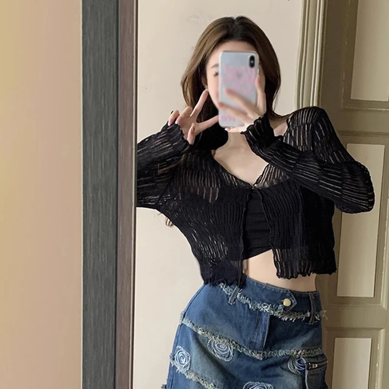 Summer Women Thin Sunscreen Cardigan Lace-up Knitwear Tops Female Korean Style Long Sleeve Short Coat Casual Sun Protected 4