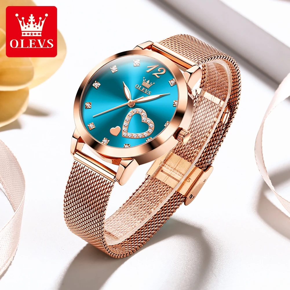 OLEVS Fashion Blue Dial Quartz Watch for Women Stainless Steel Rose Gold Mesh Strap Waterproof Womens Watches Top Brand Luxury