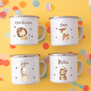 Personalized Child Animal Cartoon Cup Children's Enamel Mug Back To School Gifts Enamel Camping Cups with Name Gift for Children