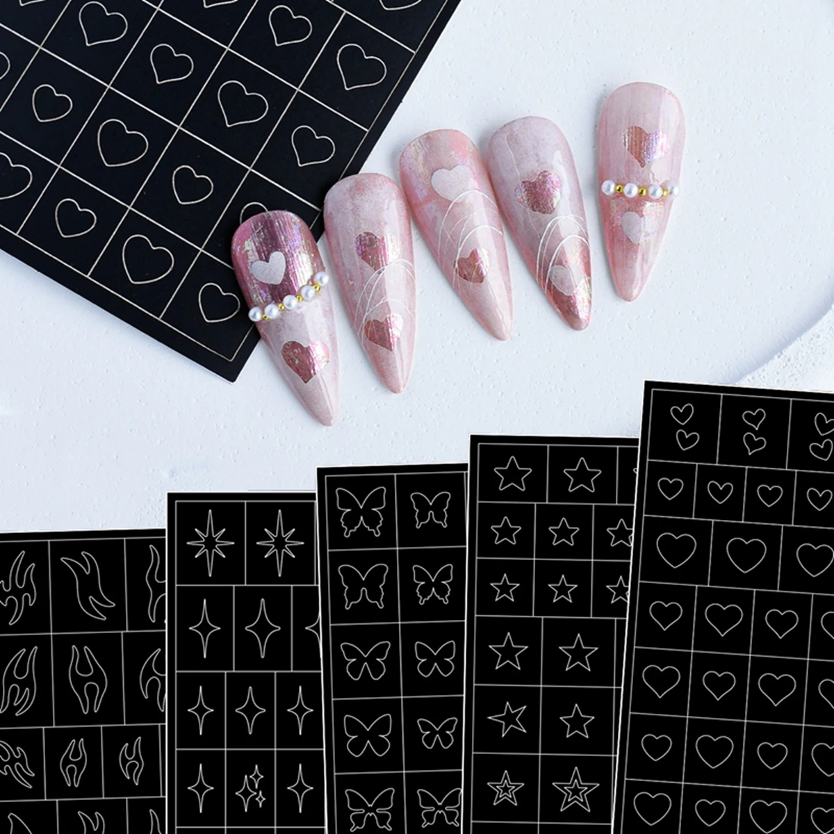 3 bis 24 Blatt schwarz-weiße Nagelkunst-Schablonen-Aufkleber, Airbrush-Nagelschablonen mit Stern-, Herz-, Schmetterlings-, Flammen- und Liniendesign – Detail 7