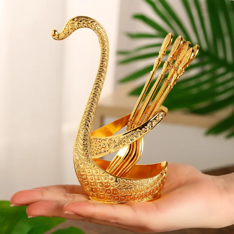 

Creative European and American Style Peacock Embossed Swan Fork Set Exquisite Swan Fruit Fork Storage Container Golden Home