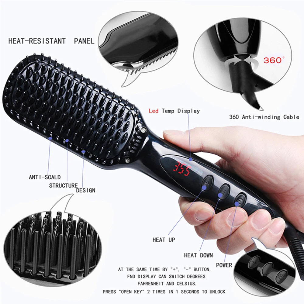 Hair Straightener Brush Ceramic Heating Ionic Straightening with Anti-Scald Auto Temperature Lock and Auto-Off Function