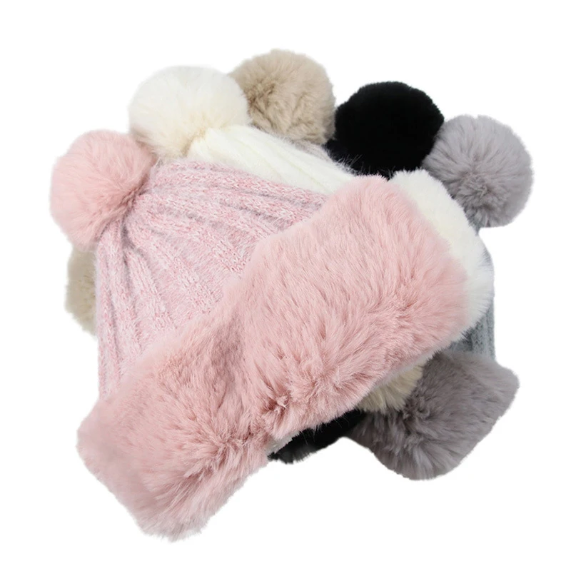 

New Winter Earflaps Girl Knitted Hats Outdoor Thicken Pompom Cap for Women Warm Plus Velvet Comfortable Wool Lined Beanies Hat