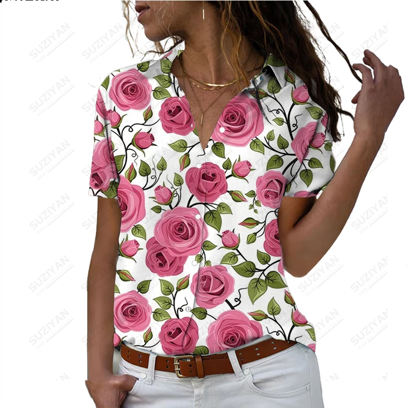 

2023 Spring and Autumn New Women's Short Sleeve Shirt Colorful Flower 3D Printed Polo Collar Buckle Short Sleeve Cardigan Top