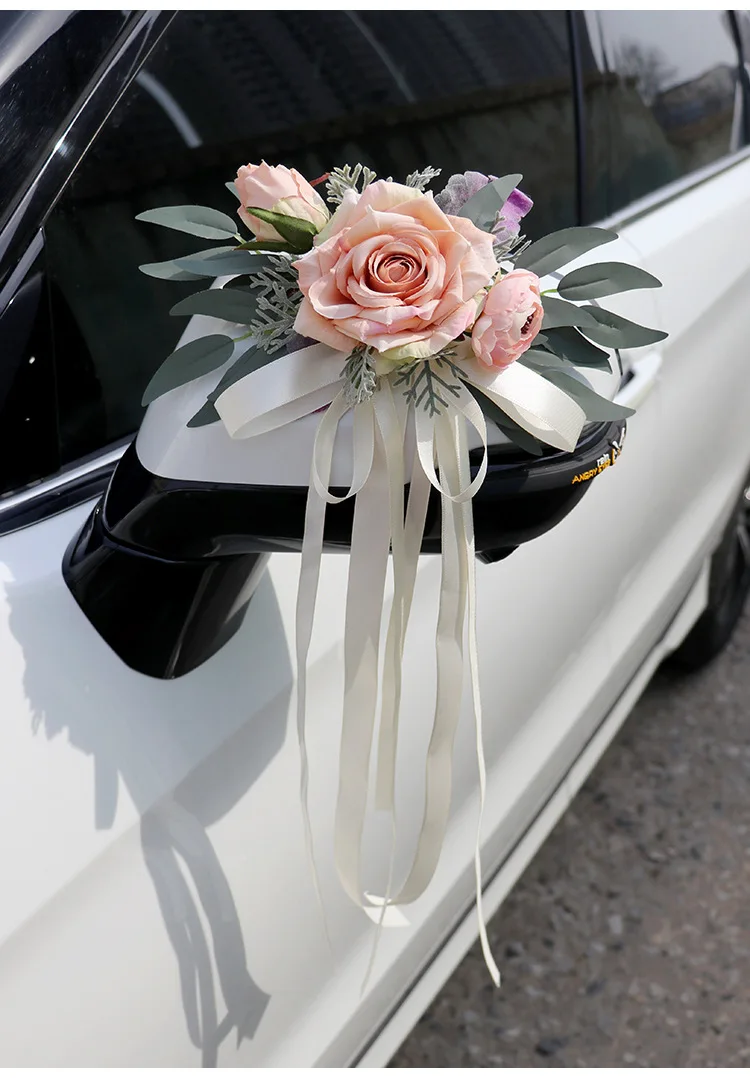 Yannew Hochzeit Auto Rückspiegel Dekoration Blumen Mehrzweck Auto Türgriff Blume mit Schleife Hochzeit Gang Stuhl Blumen – Detail 4