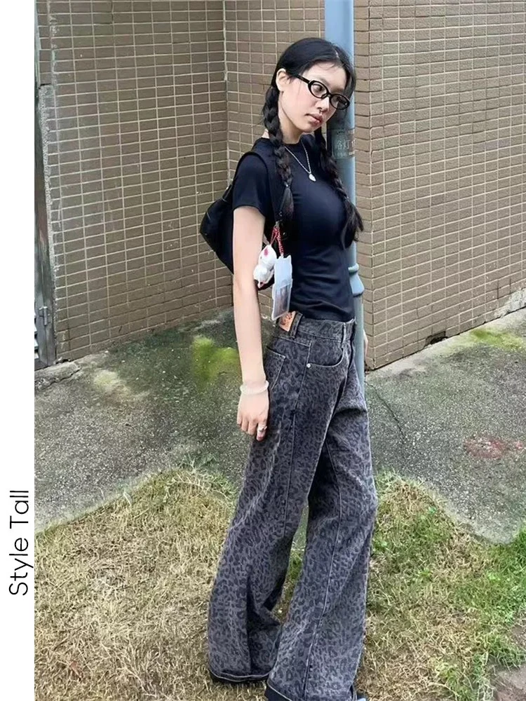 American Sle Leopard Print Straight Leg Jeans Low Waist Extended Length Women's Autumn Slimming Wide Leg Floor-Length Pants