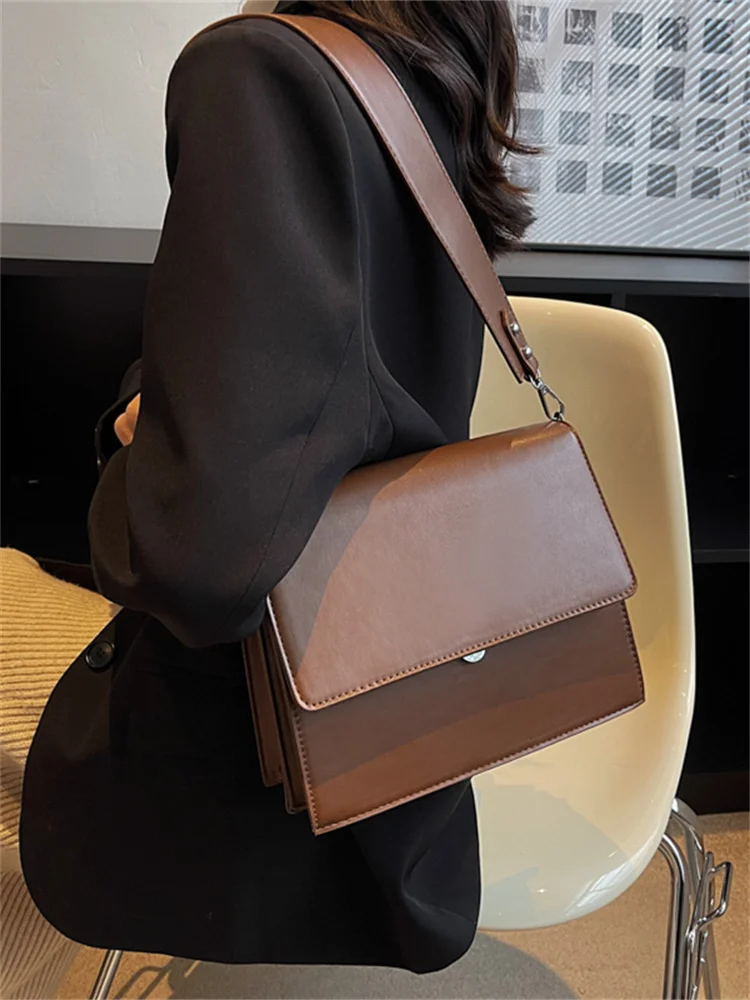 Vintage Business für Frauen 2023 Mode Designer Taschen Tote Doppel Riemen Reine Farbe PU Leder Schulter Umhängetasche_voghion.com