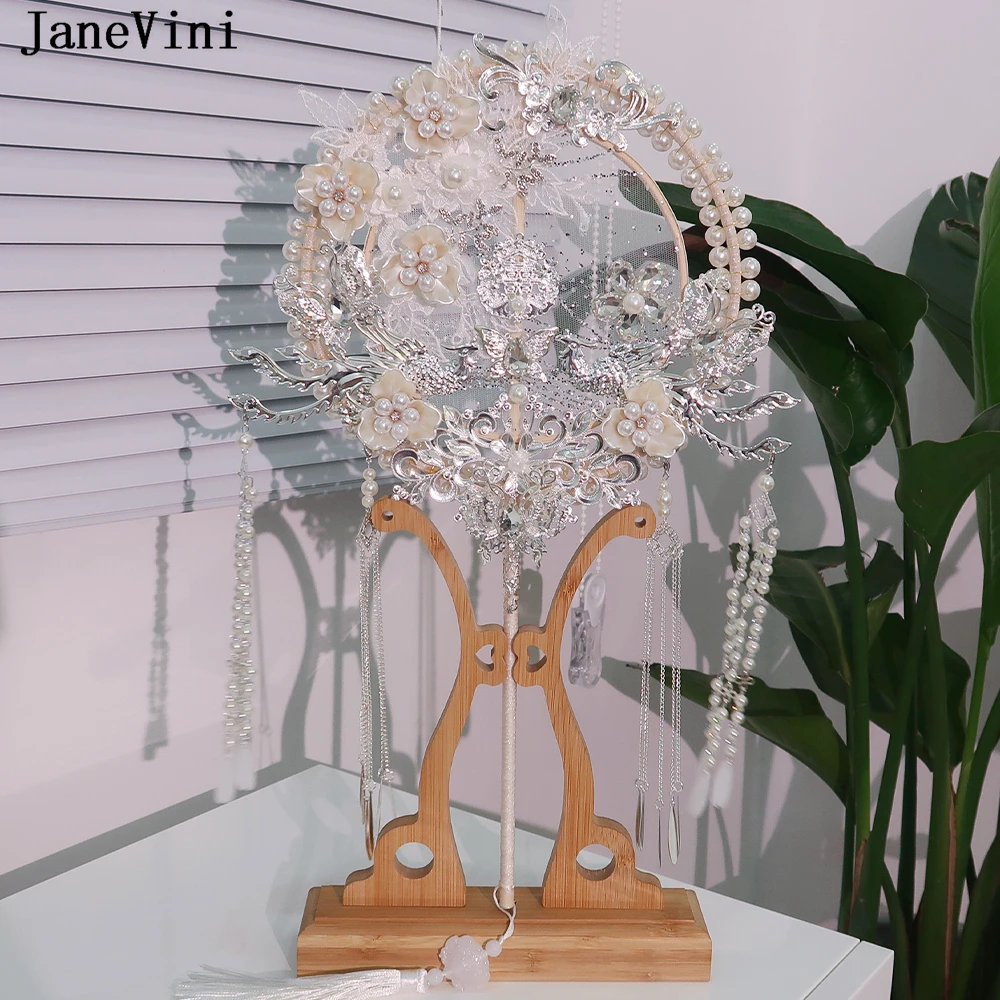 JaneVini Sparkly Silver Flower Bouquet Bridal Fan Chinese Style Ancient Pearls Beaded Tassel Bride Hand Fan Type Wedding Bouquet