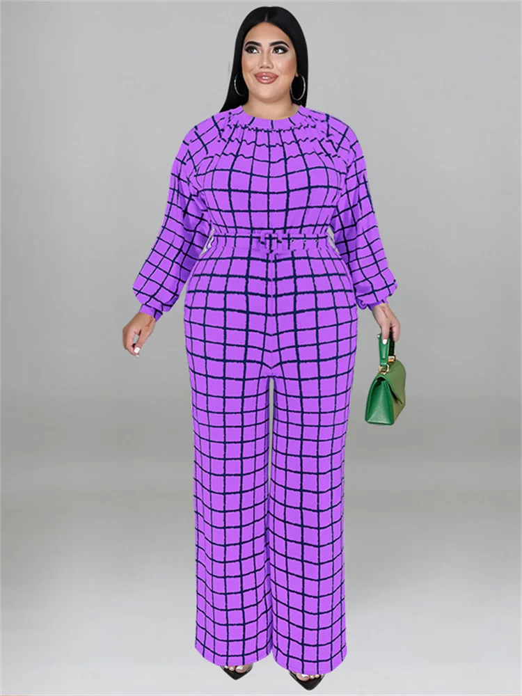 Wmstar Plus Size Jumpsuit Women with Belt Plaid One Piece Outfits Casual Wide Leg Bodysuit Office Lady Wholesale Dropshipping