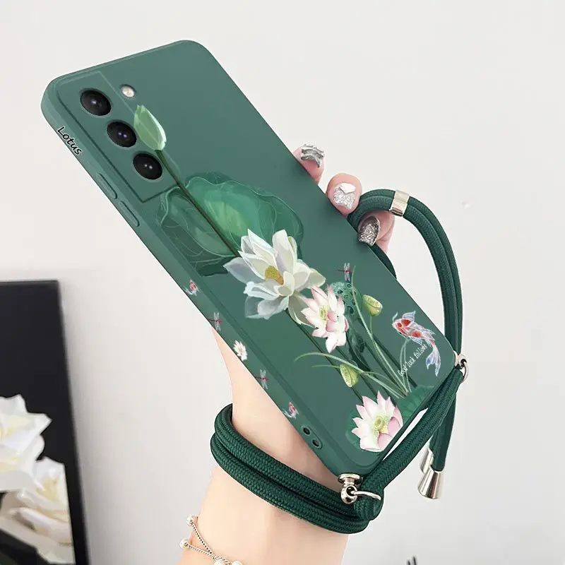 Lotus Pond Scenery Crossbody Lanyard Custodia In Silicone Per Samsung Galaxy S23 S22 S21 S10 S9 Note 20 Ultra 10 Plus Cover