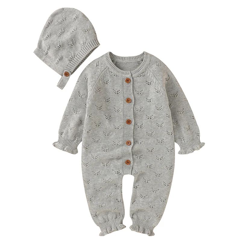 

Autumn Newborn Rompers Baby Girl Boy Clothes Long Sleeve Cotton Knitted Jumpsuits+ Hat Outfits Solid Toddler Infant Knitwear