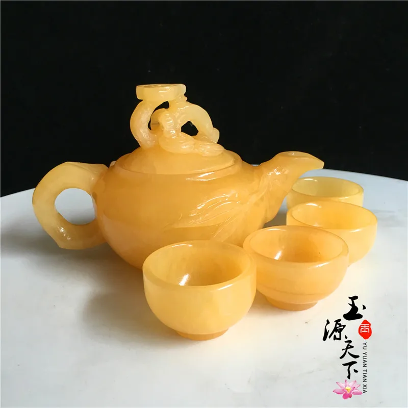 Natural jade gift ornaments beige jade tea set Ruyi hip flask teapot teacup jade business gifts 5