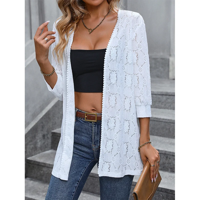 Spring Autumn Loose Casual Hollow Out Lace Cardigan Top Women 3/4 Sleeve Coat Women's Fashion All-match Jacket Female Clothes