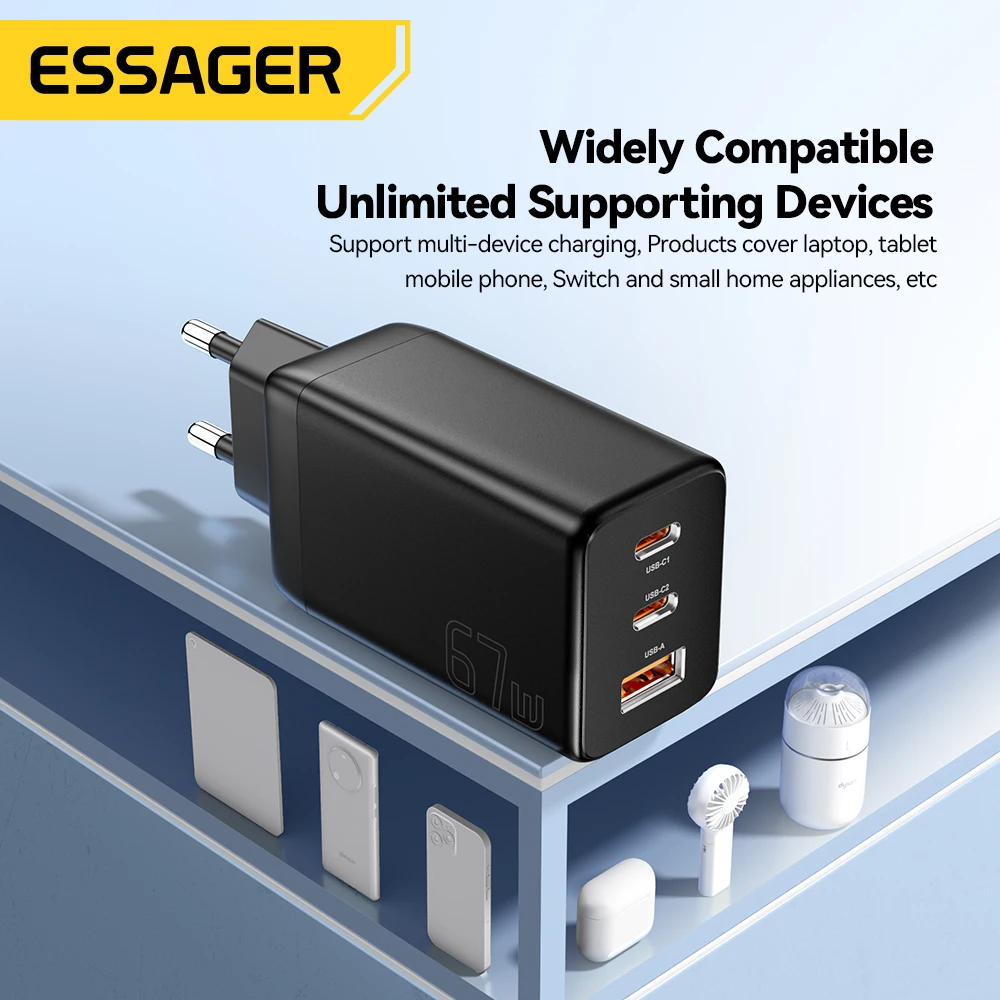 Essager 67W GaN USB Type C Charger PPS 65W Fast Charge For Samsung QC 4.0 PD 3.0 iPhone 15 14 13 Pro Huawei Phone Laptop Chagers