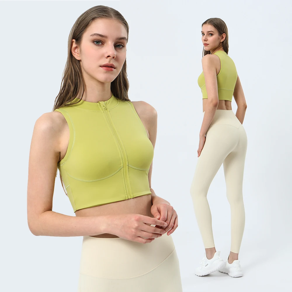 Full Zipper Yoga Bra Women Elastic Fitness Tank Top Round Neck Sports Vest With Chest Pad Gym Crop Wear Underwaist