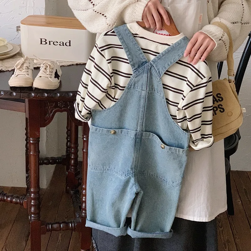 Overalls Children's Denim Strap Pants Spring Autumn Korean Girls' Casual Loose Suspender Trousers Boys' Pocket Jumpsuit