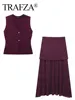 TRAFZA 2024 Women Skirt Set Wine Red Knitted V-Neck Sleeveless Slim Vest +Solid High Waist Zipper Patchwork Long Skirt Street 6