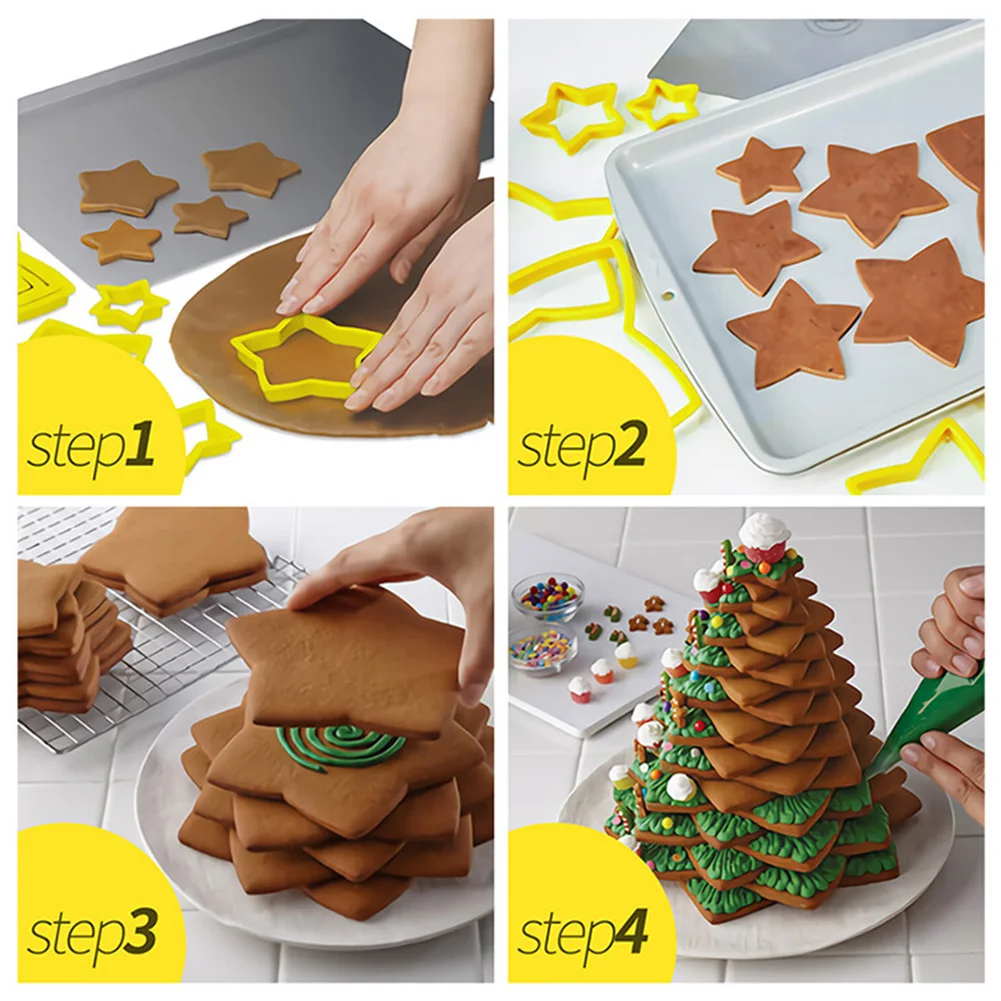 6pcs/Set Christmas Tree Cookie Cutter Cookie Cutter Baking Mold Cookie Mould Cookie Maker Press Kit Xmas Plastic DIY 3D New Year Biscuits Gingerbread Mould Maker Stamp Baking Tool
