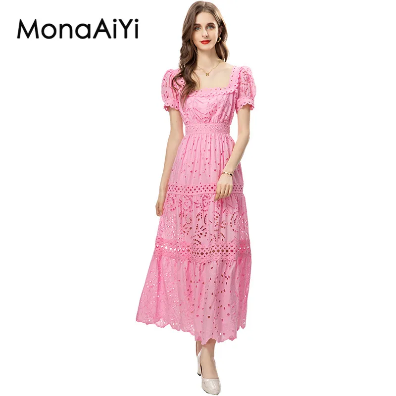 

Модельное дизайнерское женское платье MonaAiYi, элегантное облегающее платье чисто розового цвета с коротким рукавом и квадратным вырезом, 2023