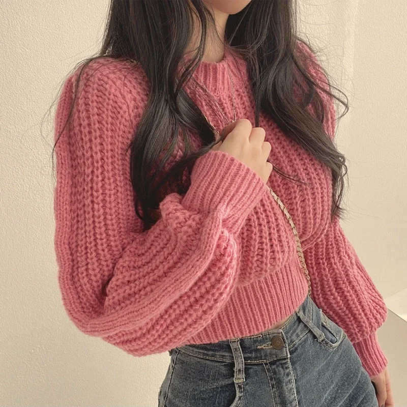 New Women's Autumn and Winter Long Sleeve Sweater Fashion Short Knitwear Crew Neck Lantern Sleeve Top