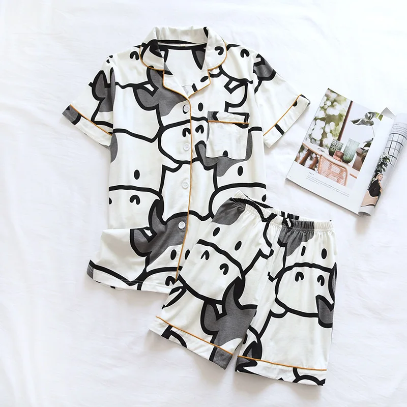 Summer Women's Cartoon Couple Pajama Set Knitted Cotton Cow Pattern Cute Nightgown Lapel Texture 2023 New Design Night-clothes