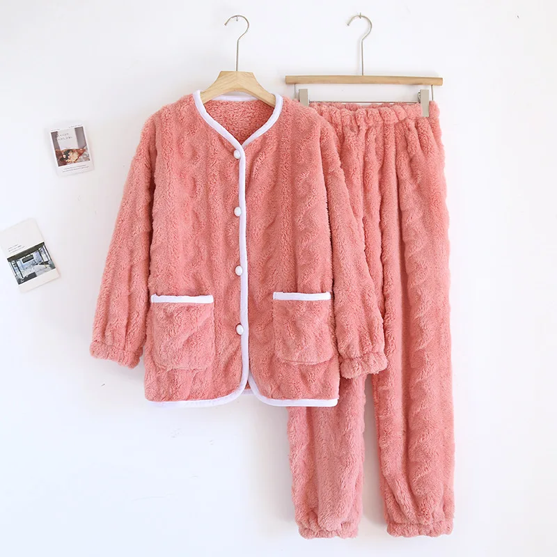 

Fdfklak 2022 Winter New Warm Flannel Women Pyjamas Sets Thick Coral V-Neck Cardigan Pijamas Suit Long Sleeve Sleepwear